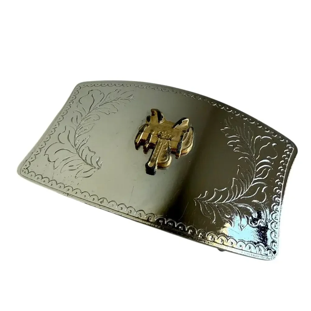 Western Saddle Belt Buckle Nickel Plated Hand-Polished Cowboy Americana